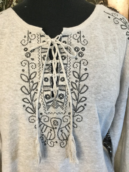 Sigrid Olsen tan leaf embroidered sleeve top