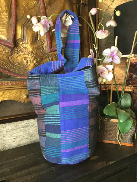 blue strip color block hobo handbag