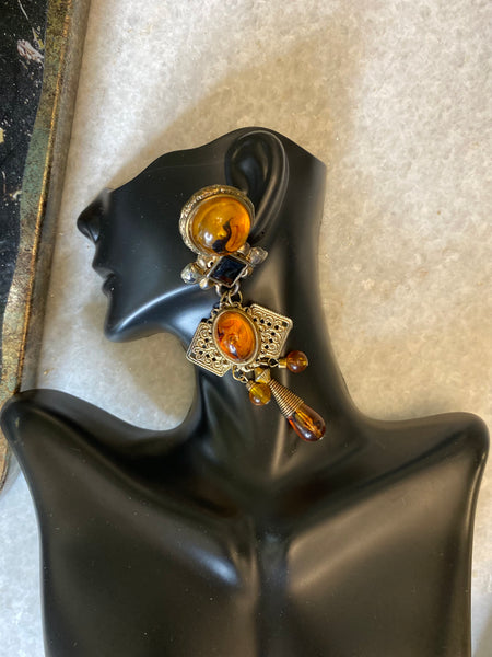 Vintage Amber gold draped earrings