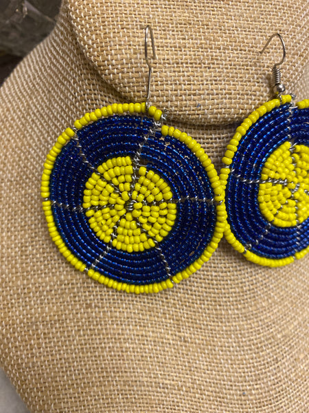Beaded blue yellow circle earrings