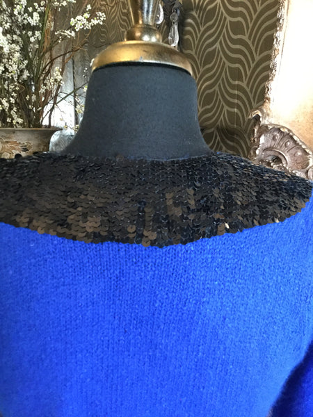 Vintage blue black sequin silk top