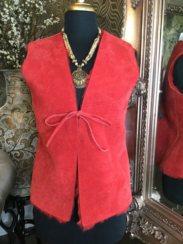 Vingtage red suede leather faux fur vest