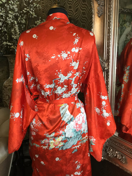 Vintage japanese floral red orange print kimono
