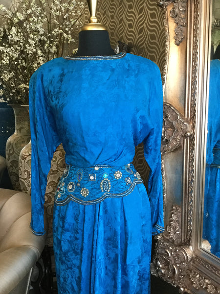 Vintage teal beaded sequin floral silk dress