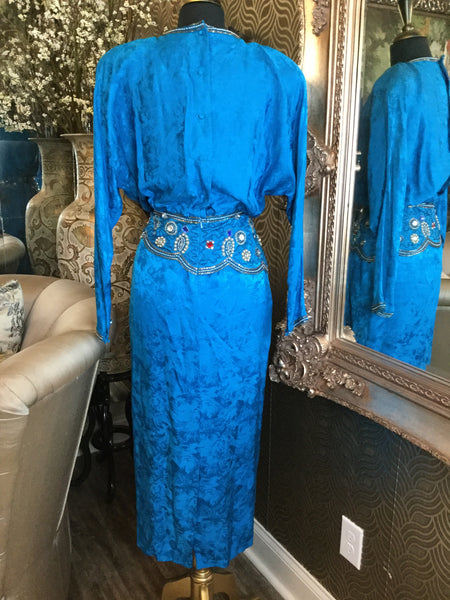 Vintage teal beaded sequin floral silk dress