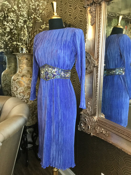 Vintage sky blue pleated sequin waist dress
