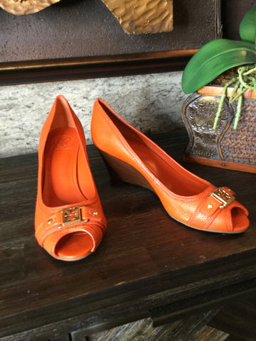 Orange leather wedge heels Sz 10