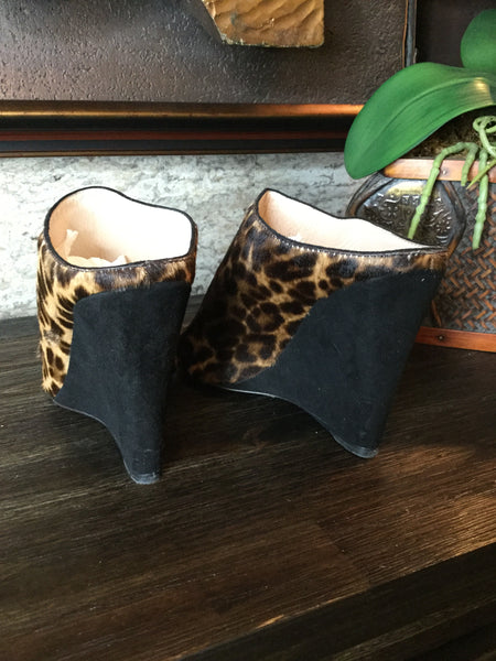 Black suede calf hair wedge slide in heels Sz 38/8