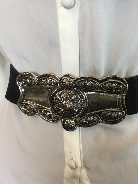 Vintage black embossed metal buckle belt