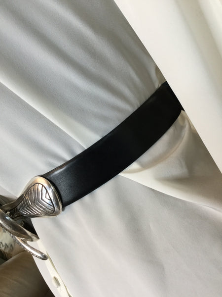 Vintage Black leather silver embossed interlock buckle belt