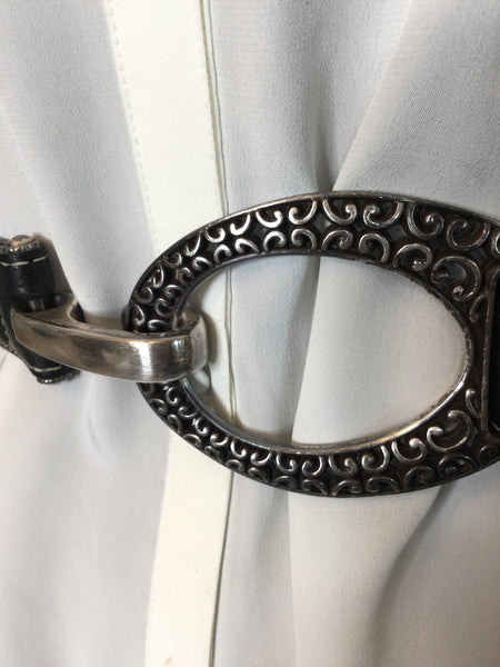 Vintage black leather metal embossed interlock buckle belt
