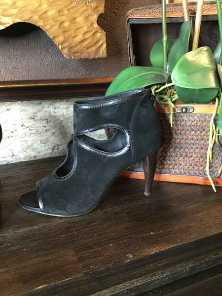 Black suede laser cutout heels bootie