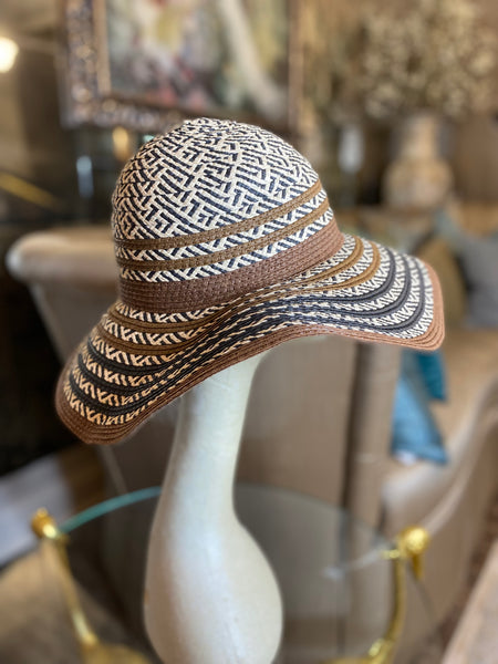 Brown multi strip paper straw hat