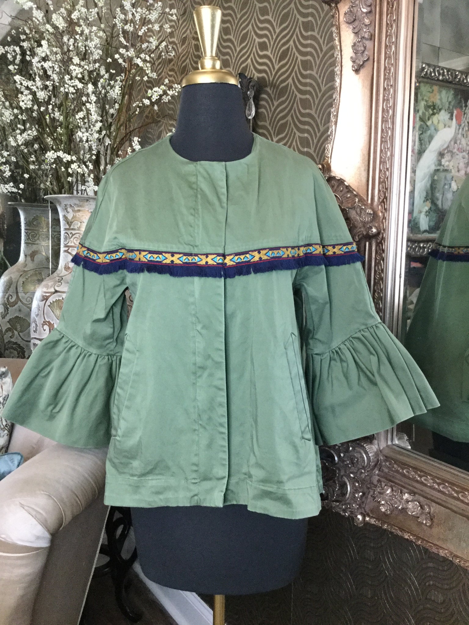 Zara Basic army green southwestern fringe jacket