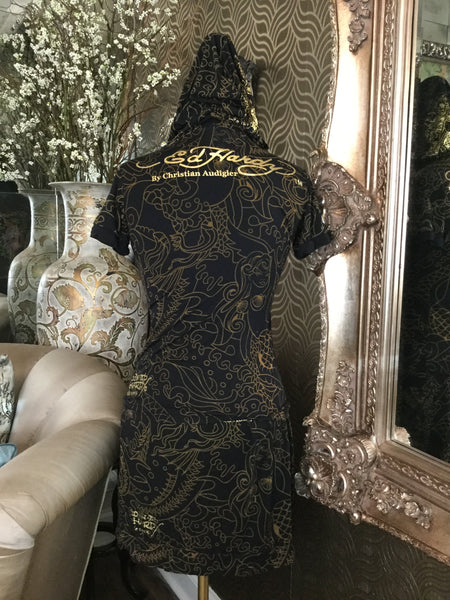 Ed Hardy black sequin gold print top skirt