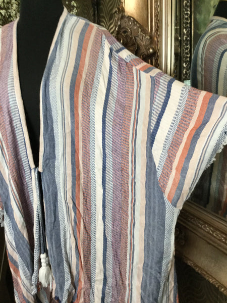 True Craft white multi blue stripe duster