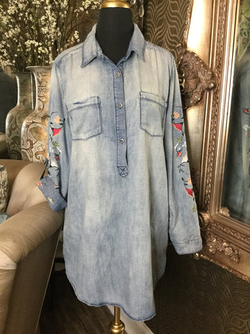 Em Creme jean embroidered sleeve dress