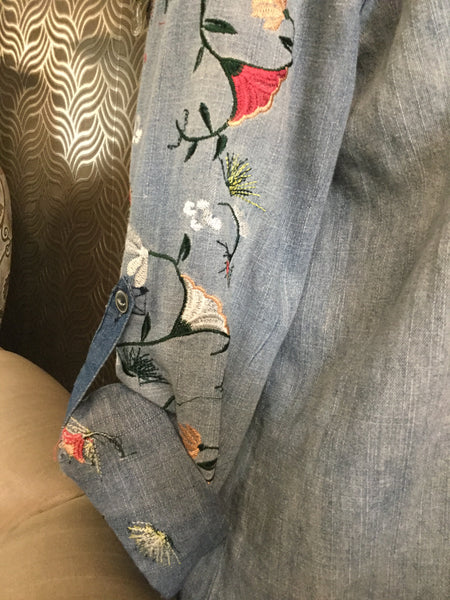 Em Creme jean embroidered sleeve dress
