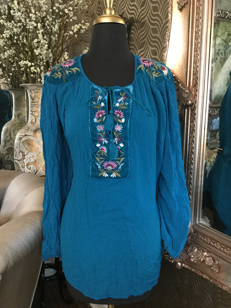 St John's Bay teal embroidered top