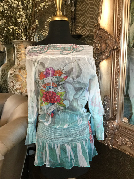 Ed Hardy white sheer stud floral top