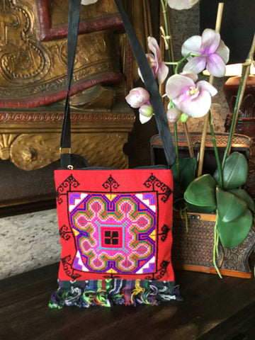 tribal embroidery red multi crossbody