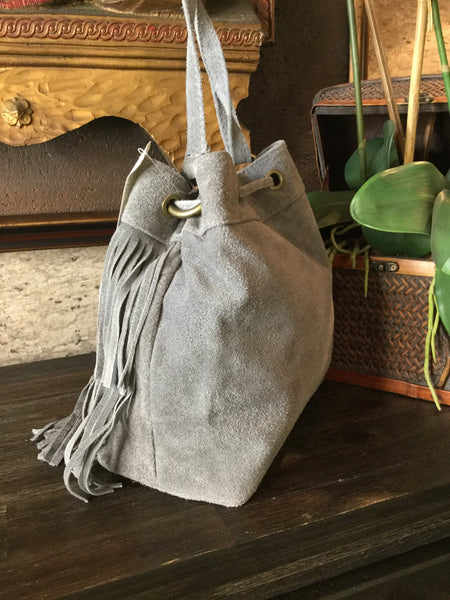 Moutain High suede gray fringe crossbody