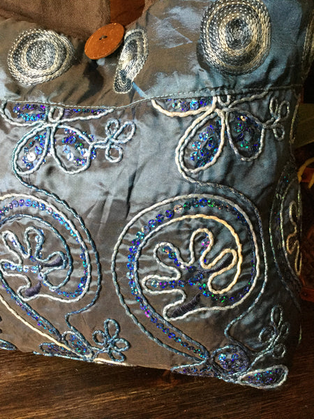 embroidered blue satin shoulder handbag