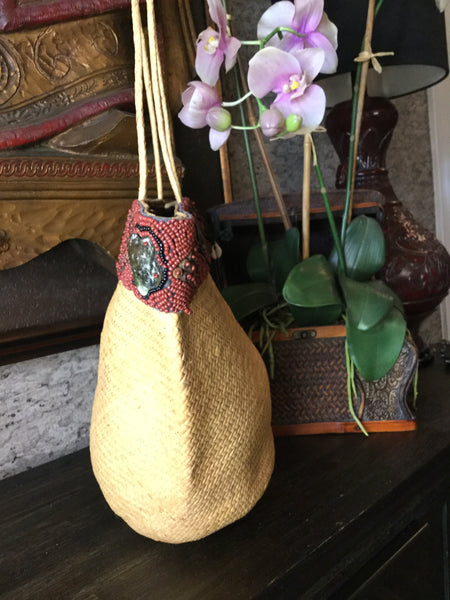 shell beaded tube wicker handbag