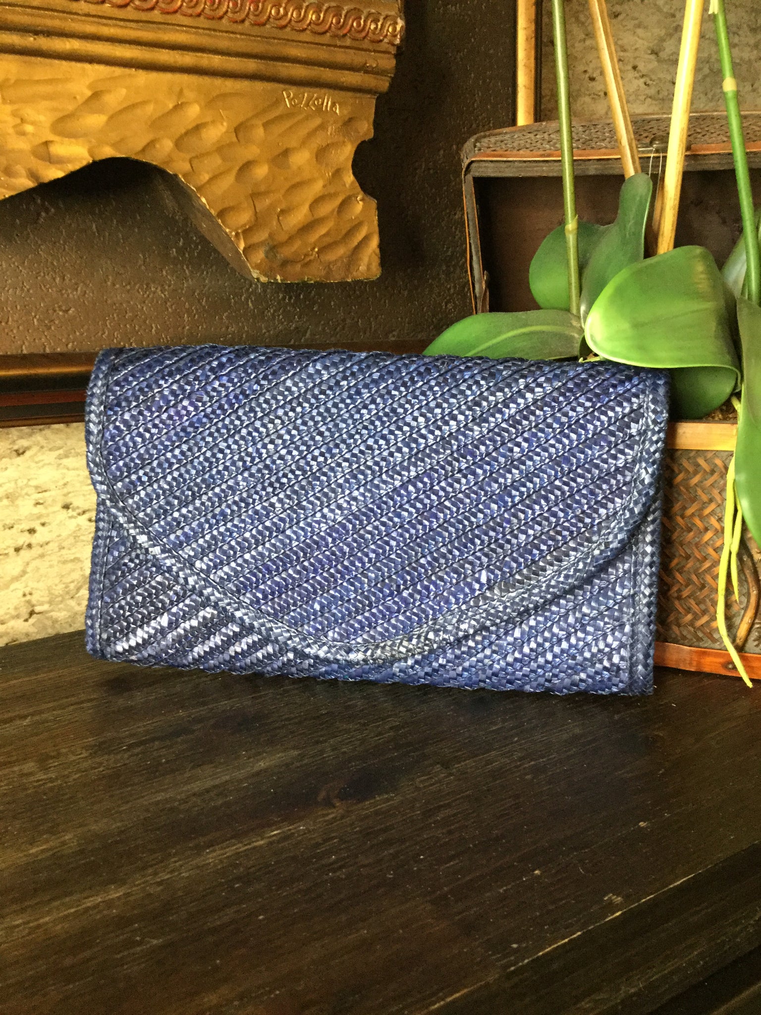 blue wicker woven clutch envelope handbag