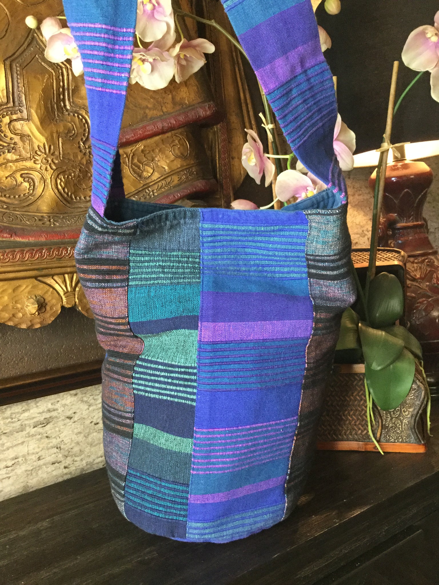 blue strip color block hobo handbag