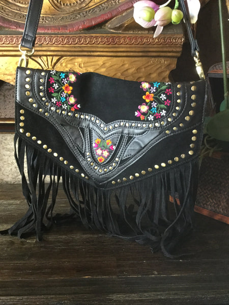 earthbound black suede fringe handbag