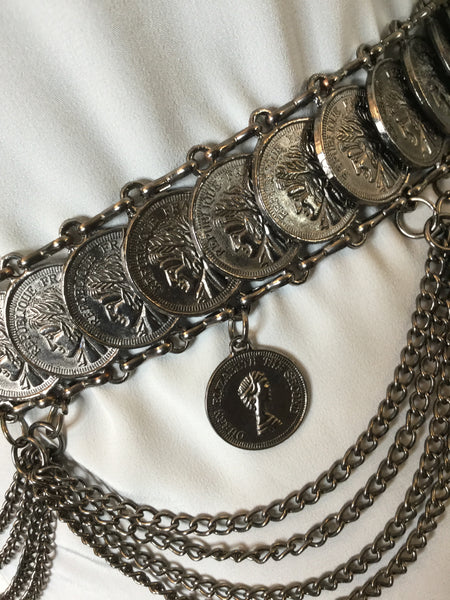 Vintage pewter multi coin draped belt Sz XL