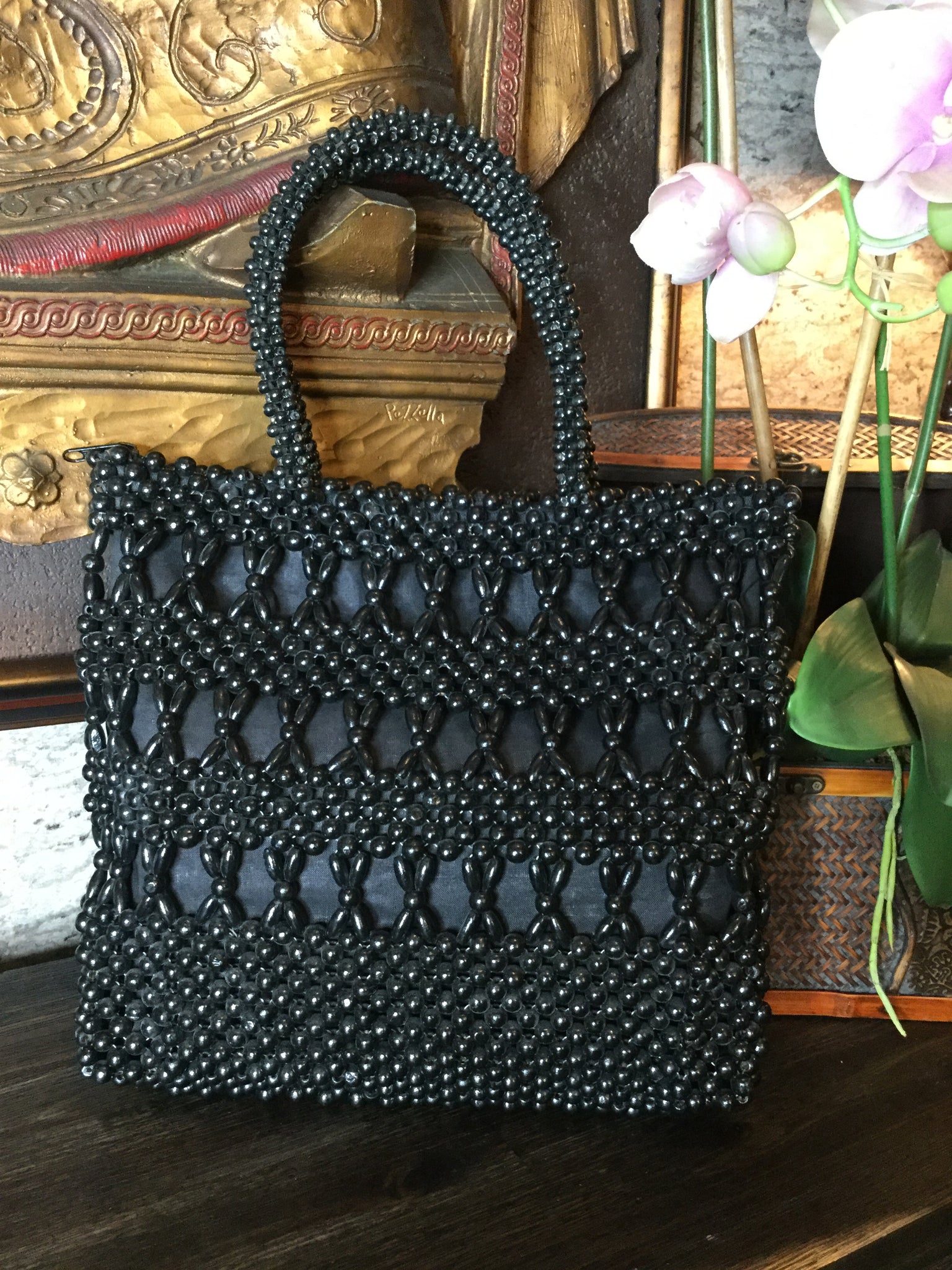 Vintage black wood beaded handbag