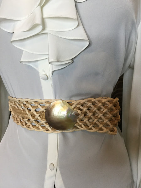 Vintage sea shell woven cream stretch belt Sz L
