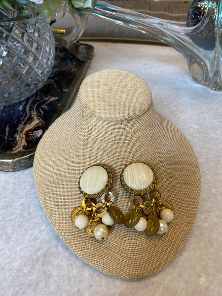 Vintage gold coin cream marble earrings