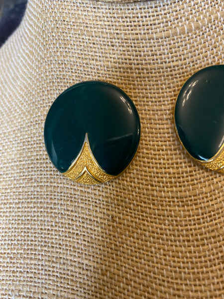 Vintage ART green enamel circle earrings