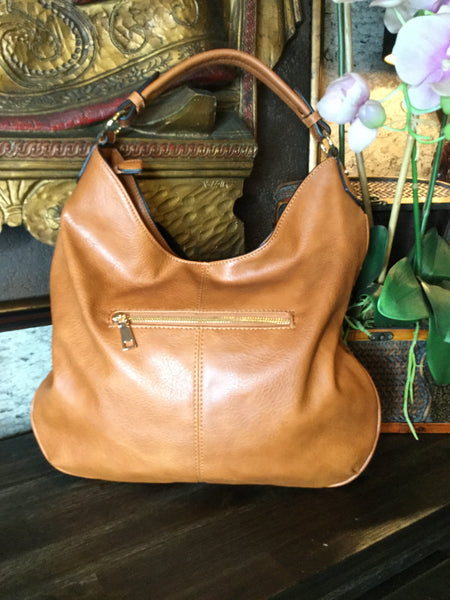 Tan woven v leather handbag