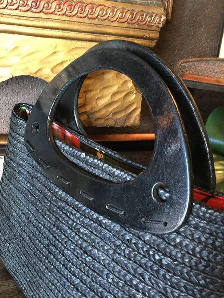 Black wicker wooden handle handbag