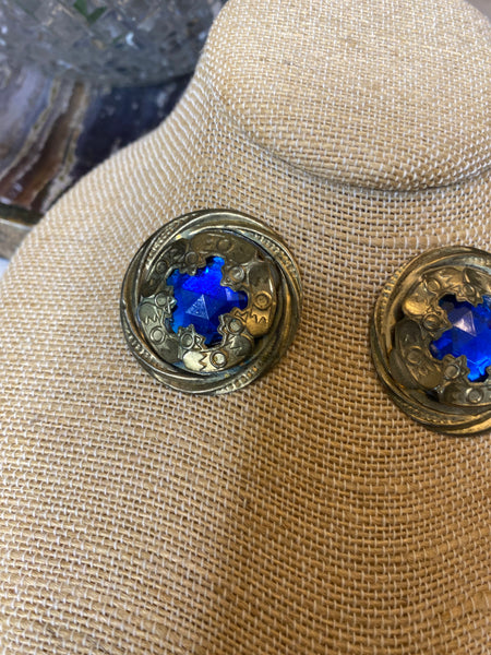 Vintage 80's blue brass earrings