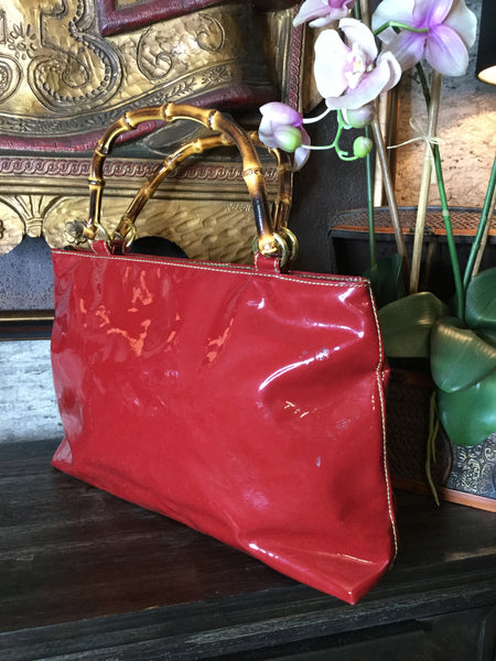 wine patent leather bamboo handles handbag