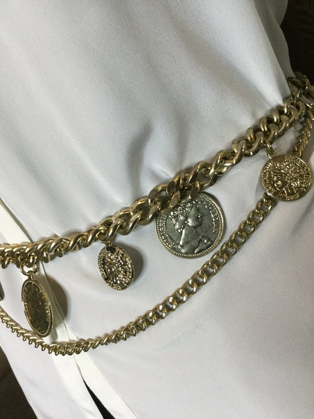 Vintage gold metal coin draped belt Sz L