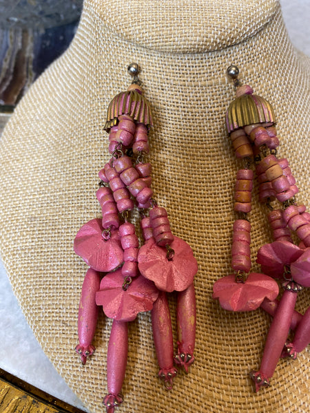 Vintage rose jelly fish wood draped earrings