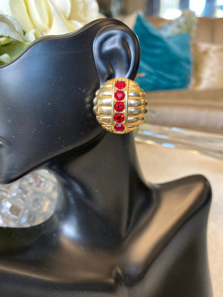 Vintage Swarovski red crystal ridges gold earrings