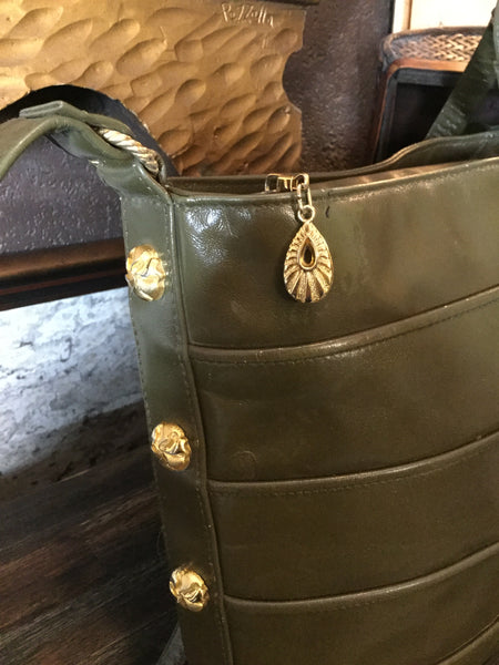 Vintage olive green leather gold stud handbag