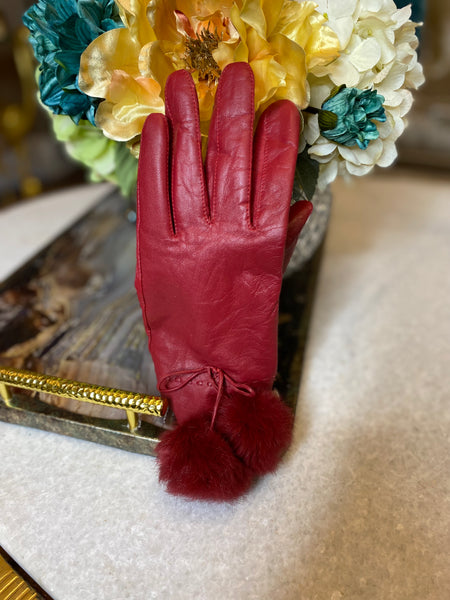 Vintage red leather rabbit pom pom balls gloves