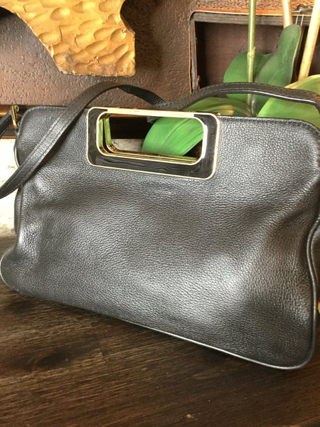 Black leather metal handle handbag