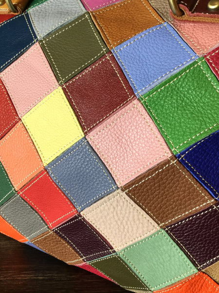 Diamond patchwork leather tote handbag