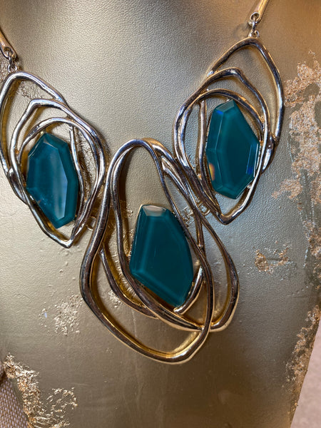 Teal glass metal gold rock earrings & necklace