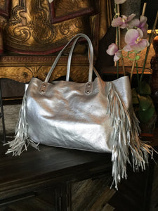 Silver metallic fringe tote handbag