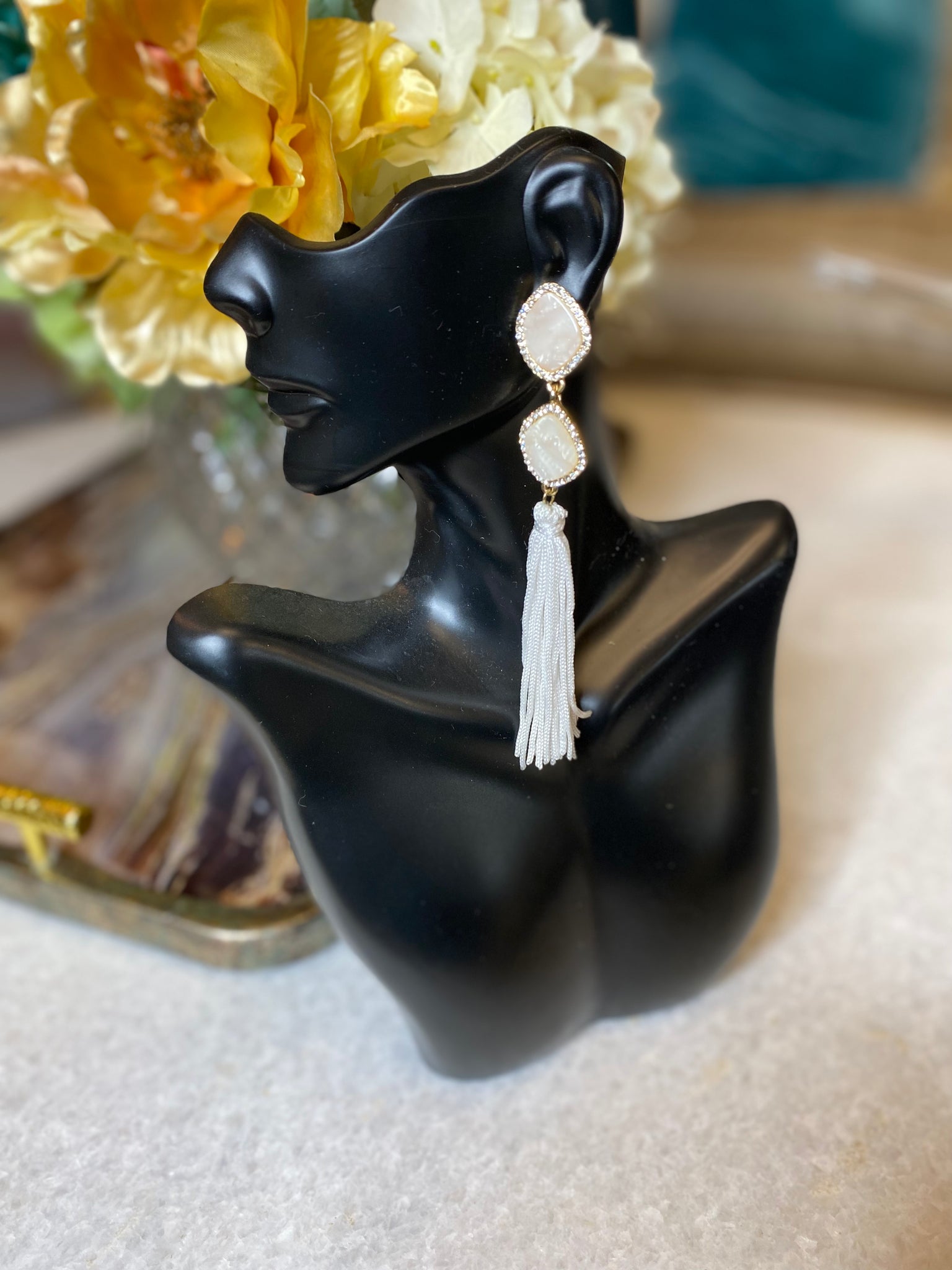 jewel two tier white tassel earrings